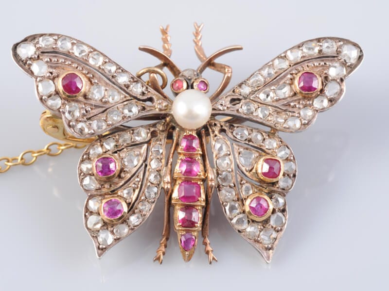 Victorian Ruby Diamond and Pearl Butterfly Brooch circa