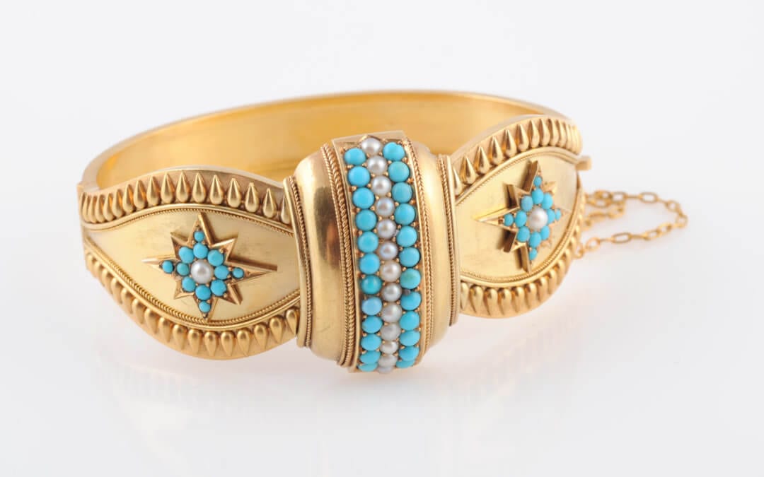 A Victorian Gold and Turquoise Bangle, circa 1860-70. £1,400
