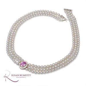 A Pink Sapphire, Diamond and Cultured Pearl Necklace