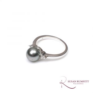 Black Cultured Pearl, Diamond and 18 Carat White Gold Ring