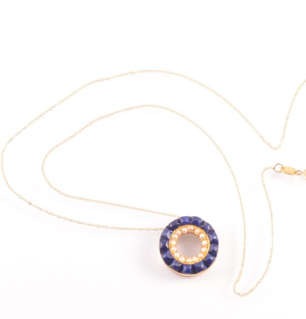 SRMA 900106 B A Late Victorian Lapis Lazuli, Seed Pearl and 18ct Gpld pendant and chain