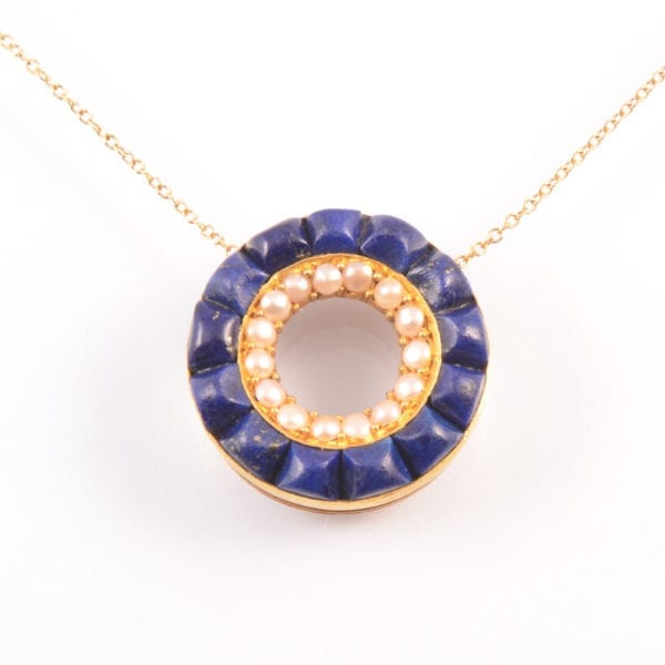 SRMA 900106 C A Late Victorian Lapis Lazuli, Seed Pearl and 18ct Gpld pendant and chain