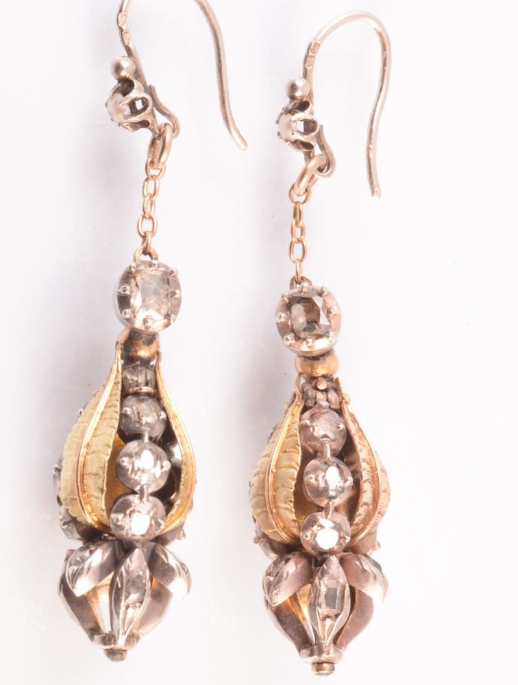 A Pair of Georgian Diamond, Silver and Gold Ear Pendants