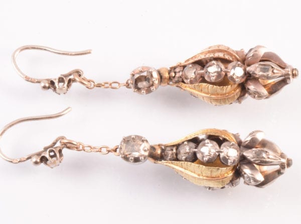 183M A Pair of Georgian Diamond, Silver and Gold Ear Pendants