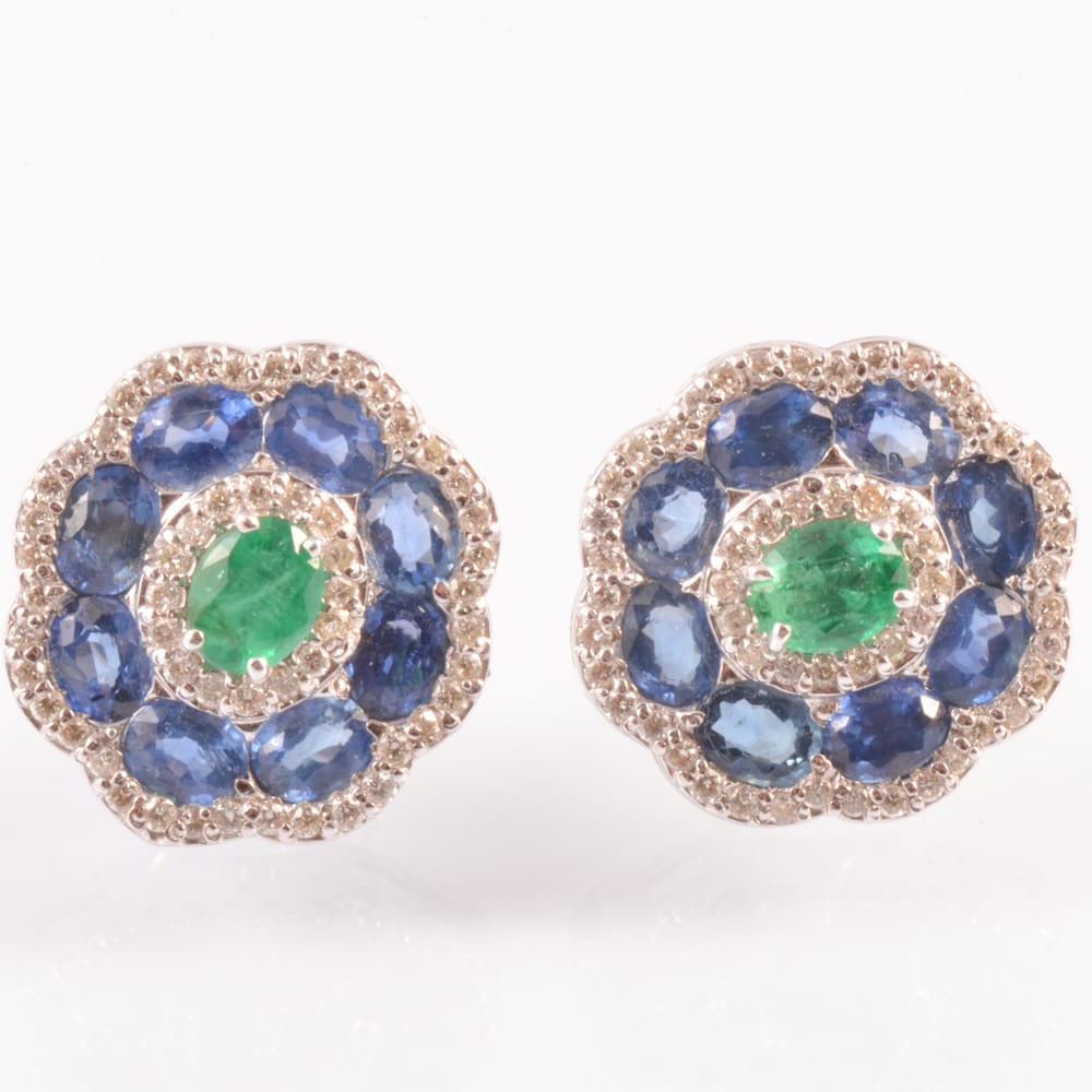 New Emerald, Sapphire and Diamond Earrings, 18 Carat Gold