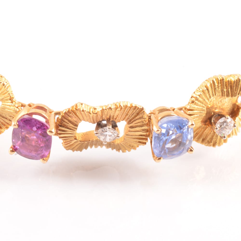 SRM900-14 C An 18ct Yellow Gold, Coloured Sapphire and Diamond Bracelet by Gubelin circa 1970 Multi-coloured Sapphire Gold Bracelet | Susan Rumfitt