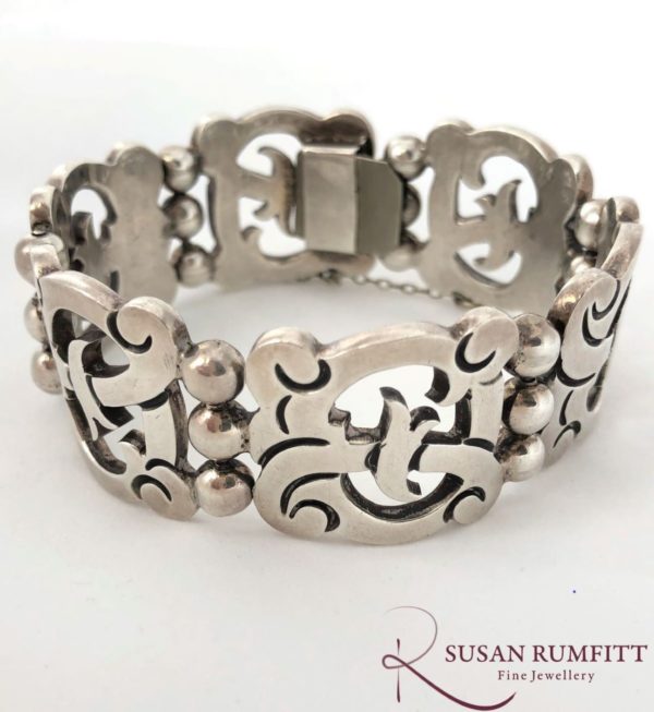 Vintage Mexican Silver Bracelet with Six Scroll Design Links