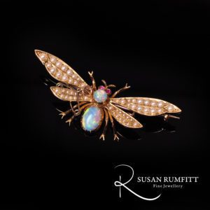 victorian insect brooch with opals, rubies and pearls for sale at Susan Rumfitt's fine jewellery gallery in Harrogate