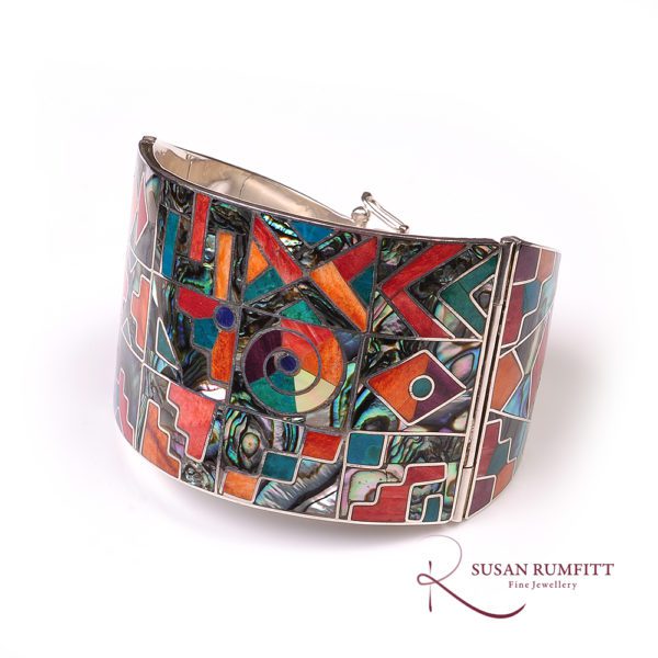 South American Hardstone and Shell Inlaid Hinged 950 Silver Bangle