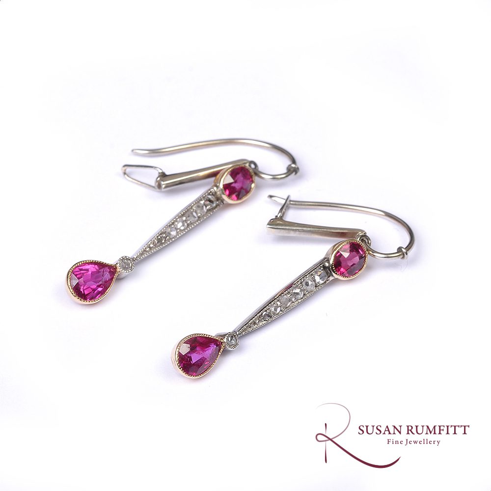 A Pair of Art Deco Ruby and Diamond Pendant Earrings