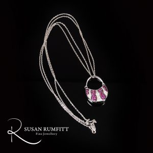 NE156-Ruby, Diamond and White Gold Handbag Pendant with Double Chain