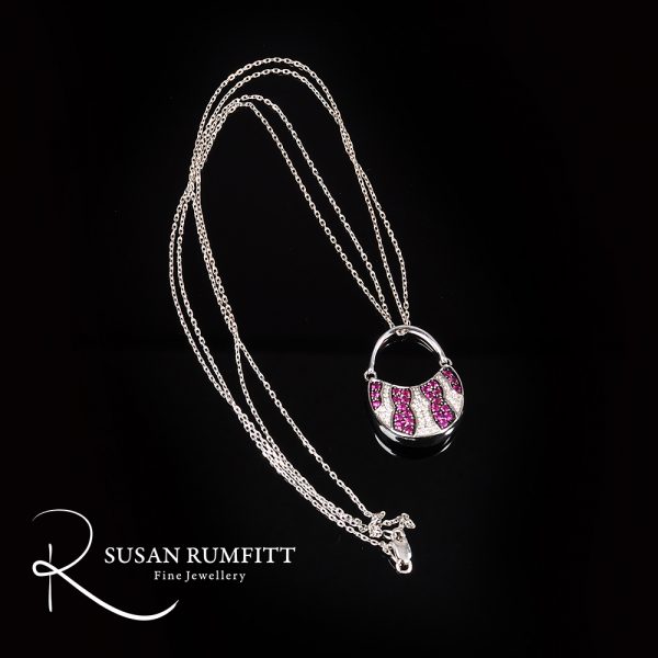 NE156-Ruby, Diamond and White Gold Handbag Pendant with Double Chain