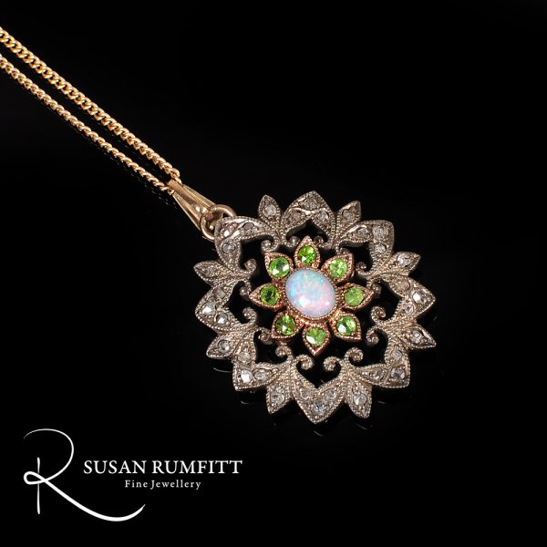 SRMA900-183-Antique Opal, Diamond, and Demantoid Garnet Silver on Gold Pendant