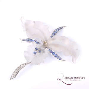 Art Nouveau Style Diamond, Sapphire & Carved Chalcedony Orchid Brooch
