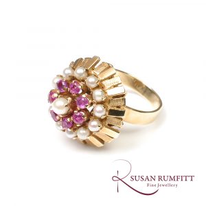 Ruby and Cultured Pearl Floral Bombe Cocktail Ring, Circa 1960