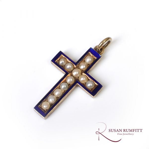 Victorian half Pearl and Enamel Cross
