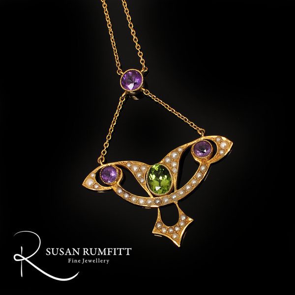 45Mab-Art Nouveau Amethyst, Peridot and Seed Pearl Suffragette Pendant