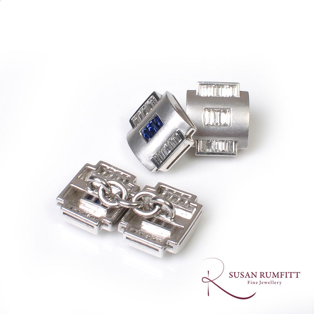 A Sophia D. Pair of Art Deco Style Sapphire and Diamond Cufflinks