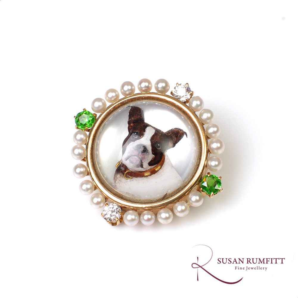 Victorian Essex Crystal Dog Brooch with Demantoid Garnets, Diamonds and Pearls