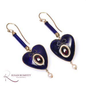 NE019 A Pair of Victorian Blue Enamel, Garnet and Pearl Heart Earrings