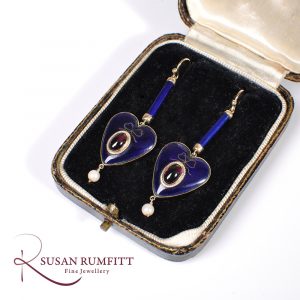 Pair of Victorian Blue Enamel, Garnet and Pearl Heart Earrings