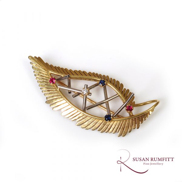 A Diamond, Ruby and Sapphire Leaf Brooch, 1960s