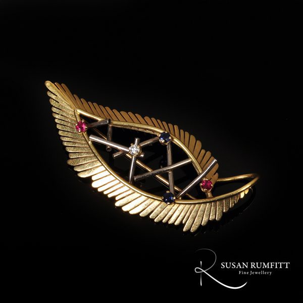 A Diamond, Ruby and Sapphire Leaf Brooch, 1960s