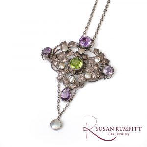 Arts and Crafts Peridot, Amethyst & Mother of Pearl Silver Pendant Necklace