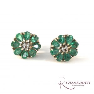 Pair of Emerald and Diamond Flower Stud Earrings