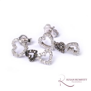 Diamond and Black Diamond Heart Pendant Drop Earrings
