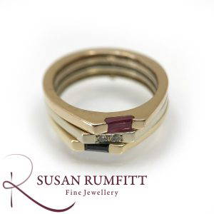 Ruby Sapphire and Diamond Three Band Ring