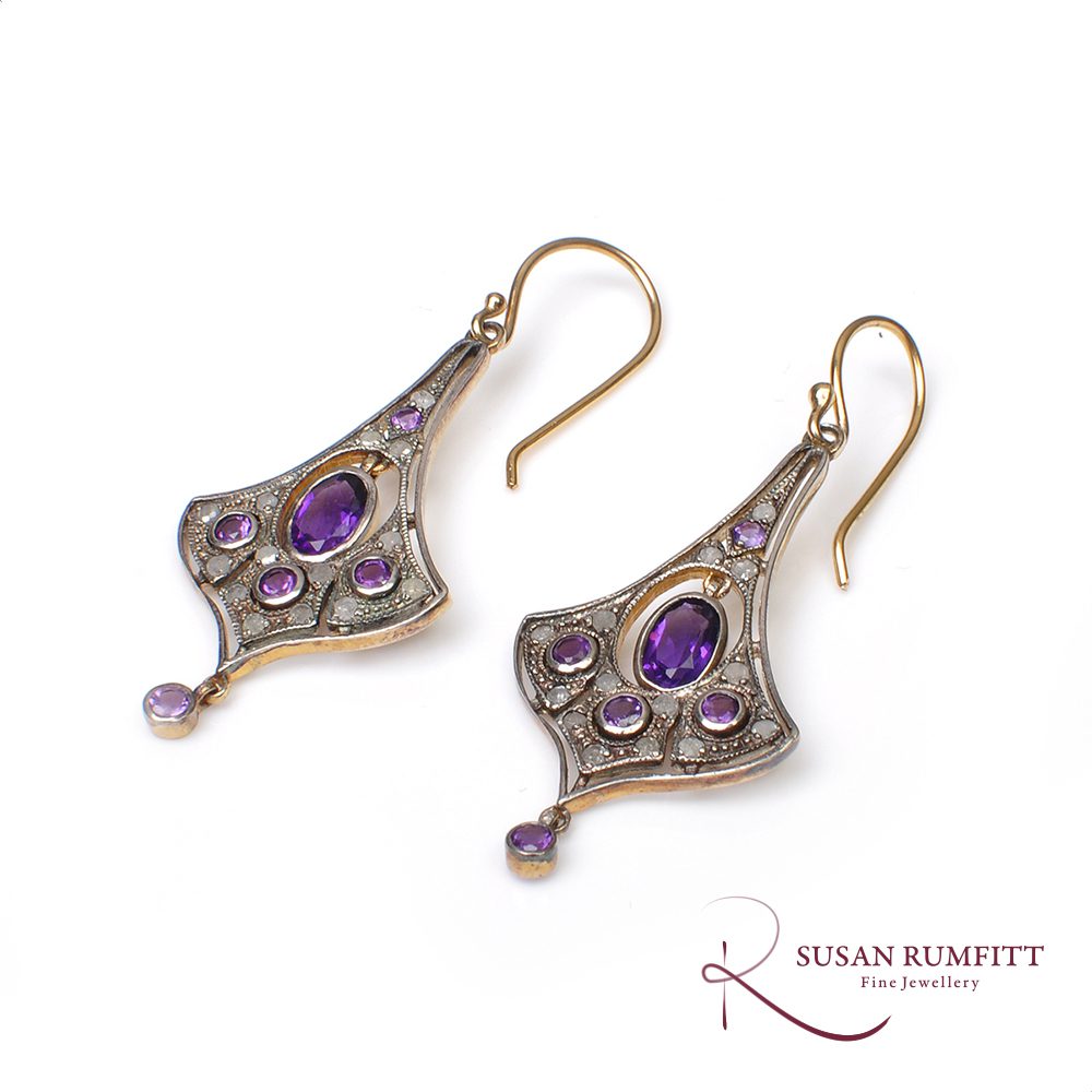 A Pair of Edwardian Amethyst and Diamond Drop Earrings