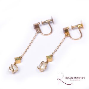 A Pair of Antique Amethyst, Peridot, and Baroque Natural Pearl Suffragette Earrings