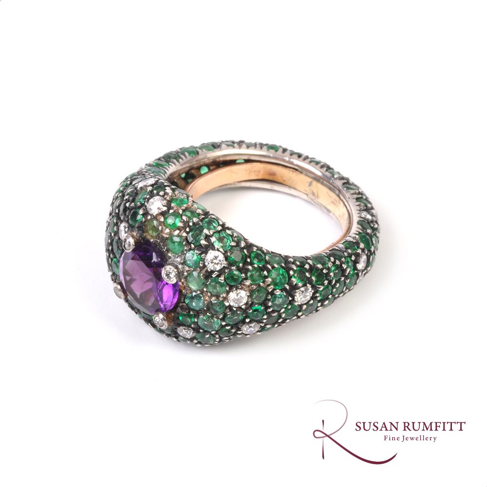 A Cantamessa Amethyst, Emerald and Diamond Bombe Ring