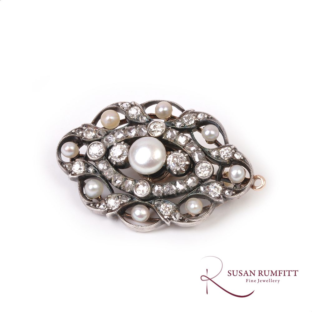 An Antique Natural Pearl and Diamond Brooch/Pendant Circa 1890