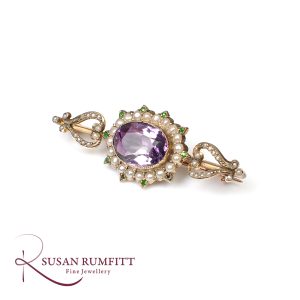 Victorian Suffragette Amethyst, Seed Pearl and Demantoid Garnet Brooch