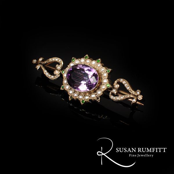 Victorian Suffragette Amethyst, Seed Pearl and Demantoid Garnet Brooch