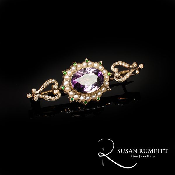 Victorian Suffragette Amethyst, Seed Pearl and Demantoid Garnet Brooch