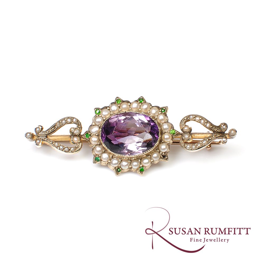 Victorian Suffragette Amethyst, Seed Pearl and Demantoid Garnet Brooch