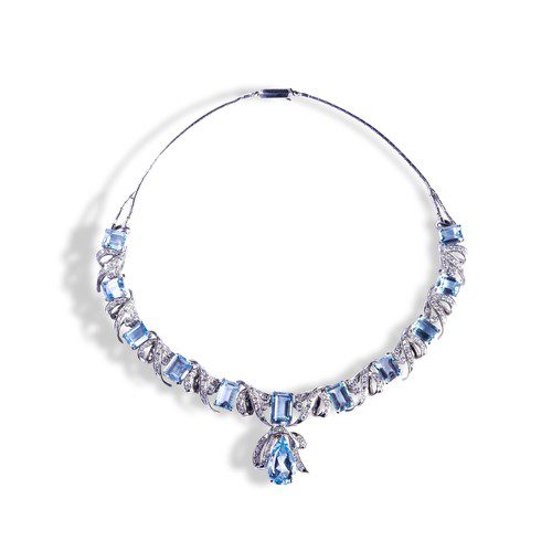 An aquamarine and diamond necklace 