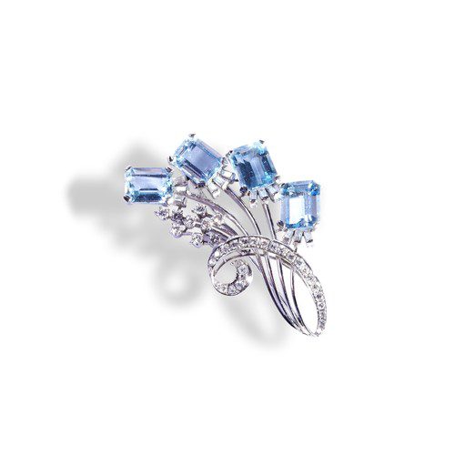 An aquamarine and diamond brooch circa 1960