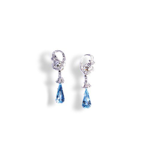 A pair of aquamarine and diamond earrings circa 1960