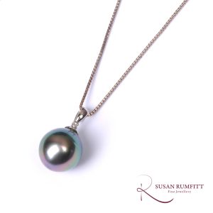 A Black Cultured Pearl and Diamond Silver Drop Pendant Necklace