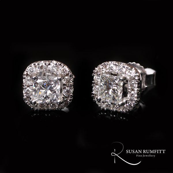 A Pair of Princess Cut Diamond Cluster Stud Earrings