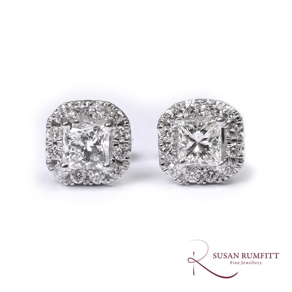 A Pair of Princess Cut Diamond Cluster Stud Earrings
