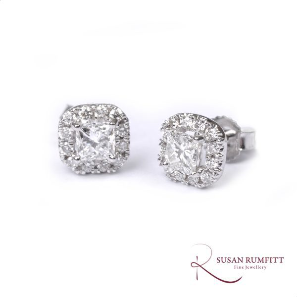 A Pair of Princess Cut Diamond Cluster Stud Earrings