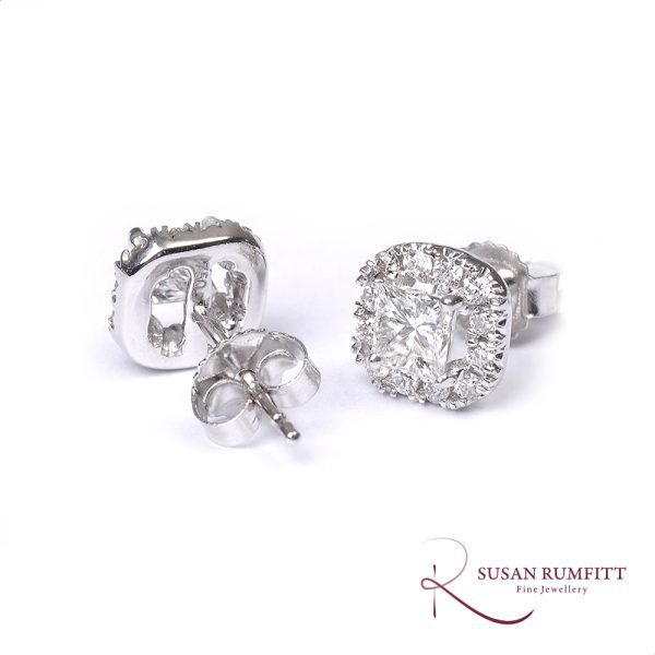 A Pair of Princess Cut Diamond Cluster Stud Earrings