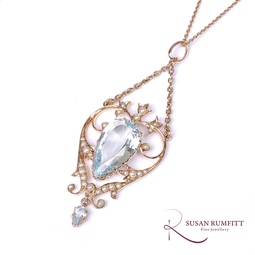 A Victorian Aquamarine and Seed Pearl Pendant Necklace