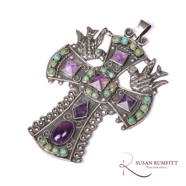 A Turquoise and Amethyst Mexico Cross Silver Pendant Matilde Poulat Matl