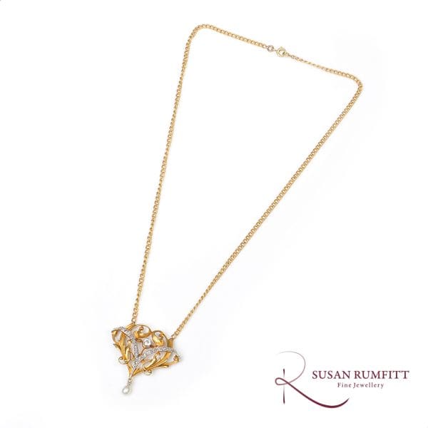 400M A French Art Nouveau Diamond and Pearl Pendant Necklace